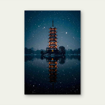 Japanese Pagoda Winter Wonderland 40x60cm Metal Print Ready to Hang