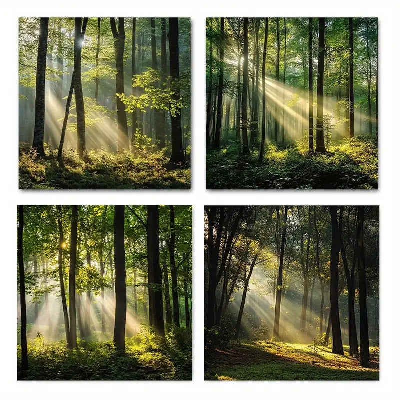 4pcs Green Autumn Forest Sunlight & Misty Forest Wall Art Canvas Framed