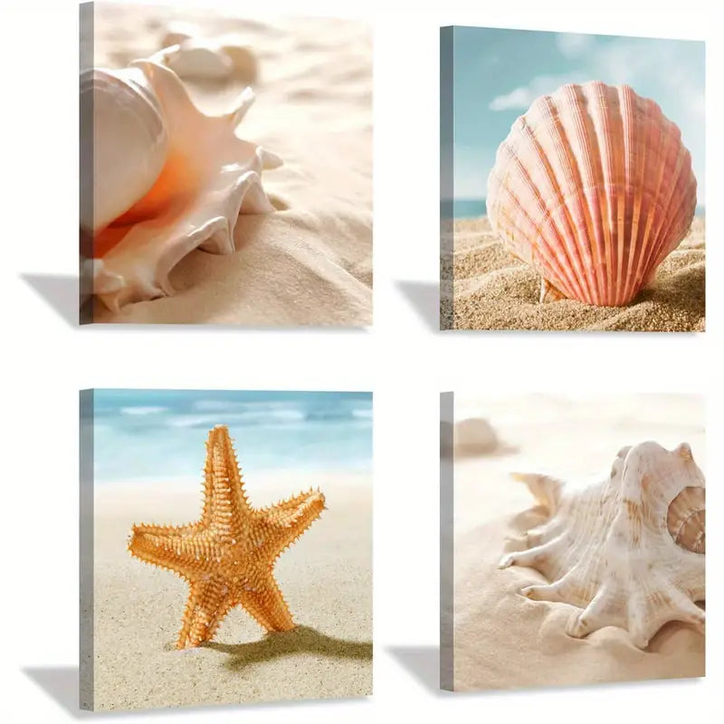 4pcs Beach Seashell Wall Art Canvas Framed