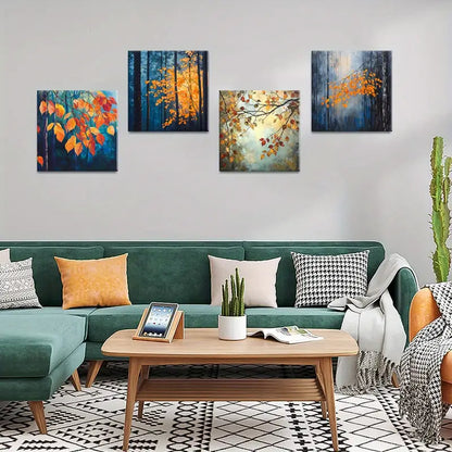 4pcs  Orange and Blue Background Forest Wall Art Canvas Framed