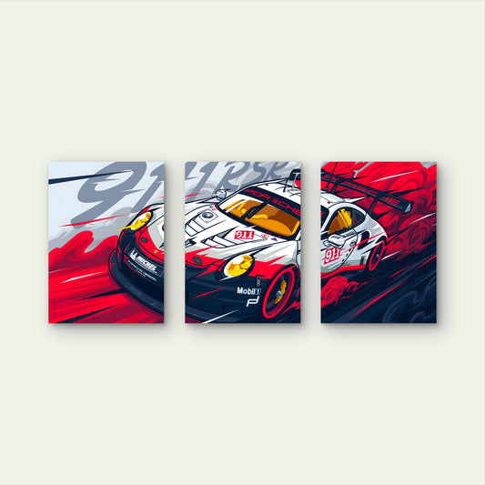3pcs Dynamic Red White Racing Car Metal Print Ready to Hang Art