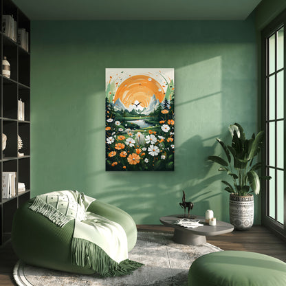 Vibrant Sun-Kissed Landscape Illustration 60x90cm Metal Print Ready to Hang