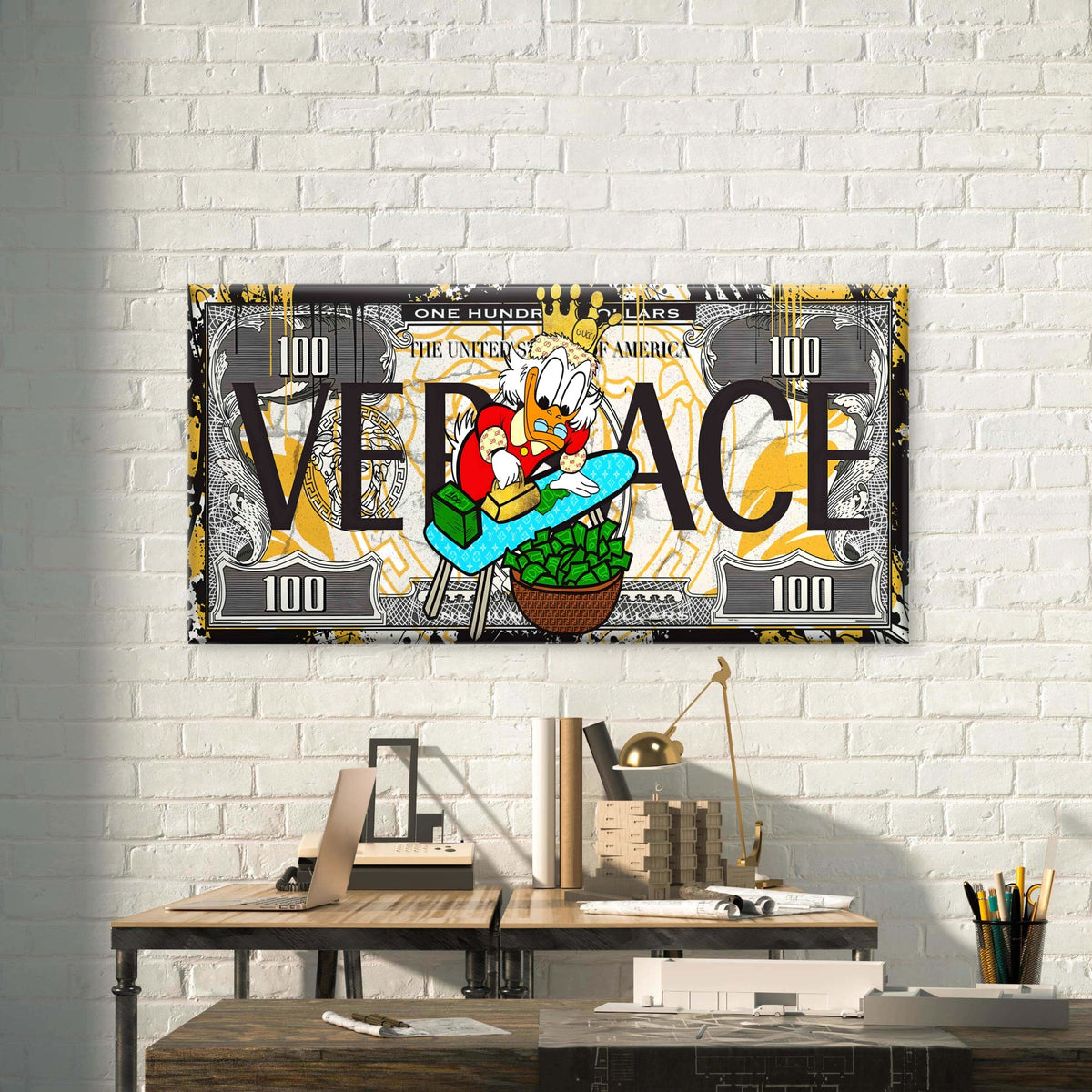 Rich Duck Currency Pattern Wall Art Canvas Office Home Room Framed 120x60cm