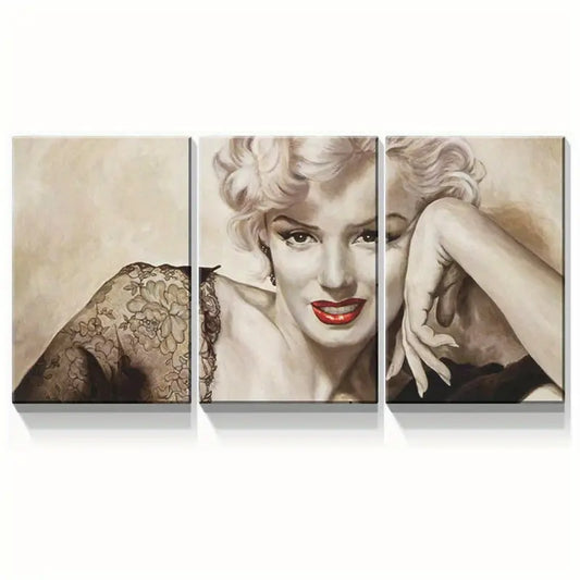 3pcs Elegant Blonde Actress Red Lips, Floral Lace Metal Print Ready to Hang Art