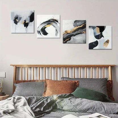 4pcs Black , Gold and White Paint   Wall Art Canvas Framed
