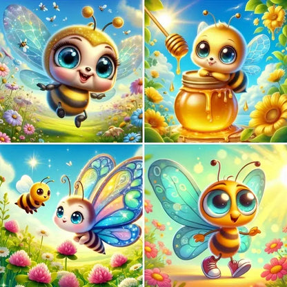 4pcs Little Bee And Butterfly  Wall Art Canvas Framed