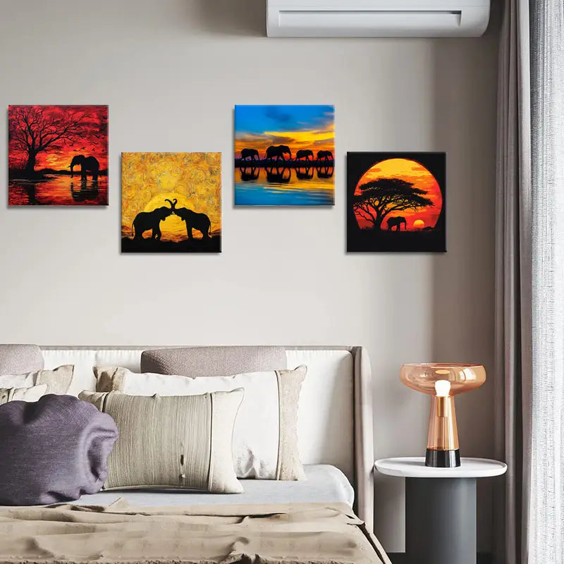 4pcs Vibrant Elephant Silhouettes & Serene SS    Wall Art Canvas Framed