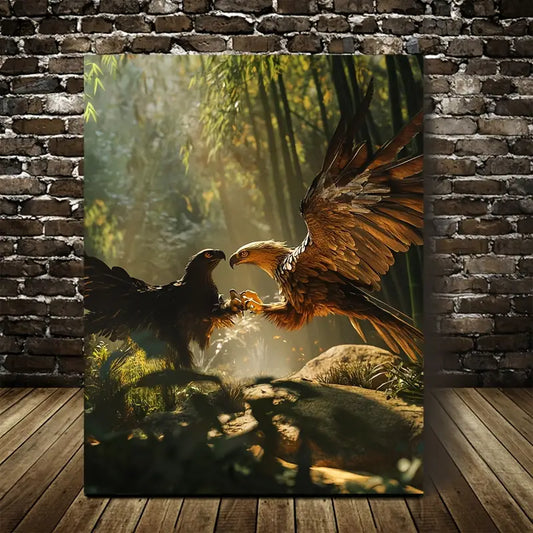 Steampunk Eagle Wrestling Scene in Bamboo 40x60cm Metal Print Ready to Hang
