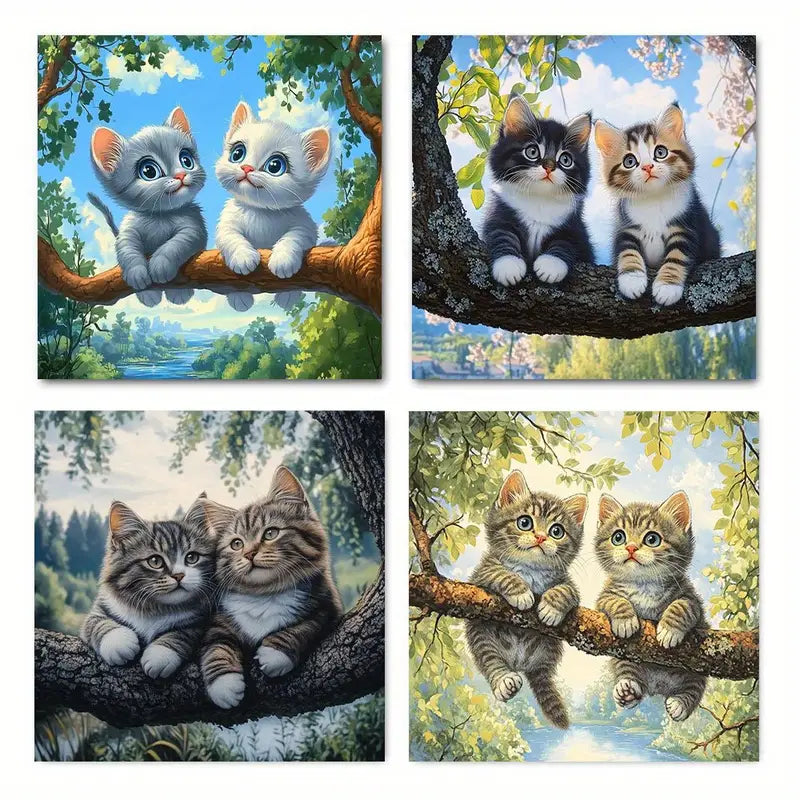 4pcs Cats on tre Themed Wall Art Canvas Framed