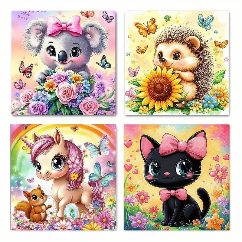 4pcs  Koala, Hedgehog, & Black Cat, Vibrant Flor   Wall Art Canvas Framed