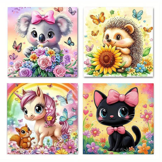 4pcs  Koala, Hedgehog, & Black Cat, Vibrant Flor   Wall Art Canvas Framed