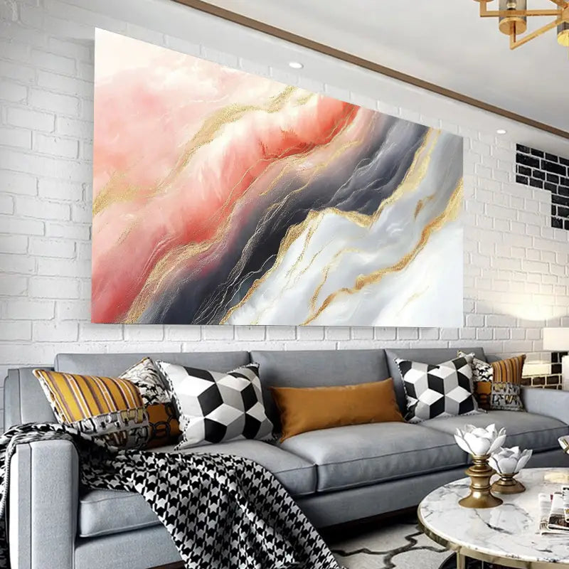Modern Swirl Design in Pink, White, Black & Golden Wall Art wall canvas office home room framed 120x60cm