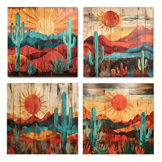 4pcs Sunset with Cacti & Mountain    Wall Art Canvas Framed
