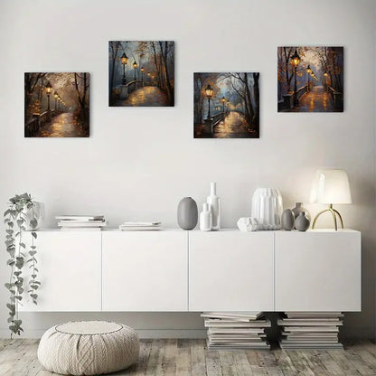 4pcs Dusk Street Lamp Scenes Wall Art Canvas Framed