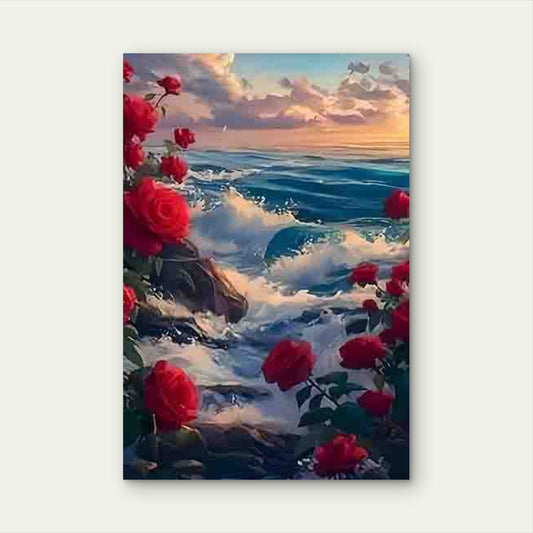 Ocean Waves And Vibrant Red Roses 60x90cm Metal Print Ready to Hang - Bella Home Decor