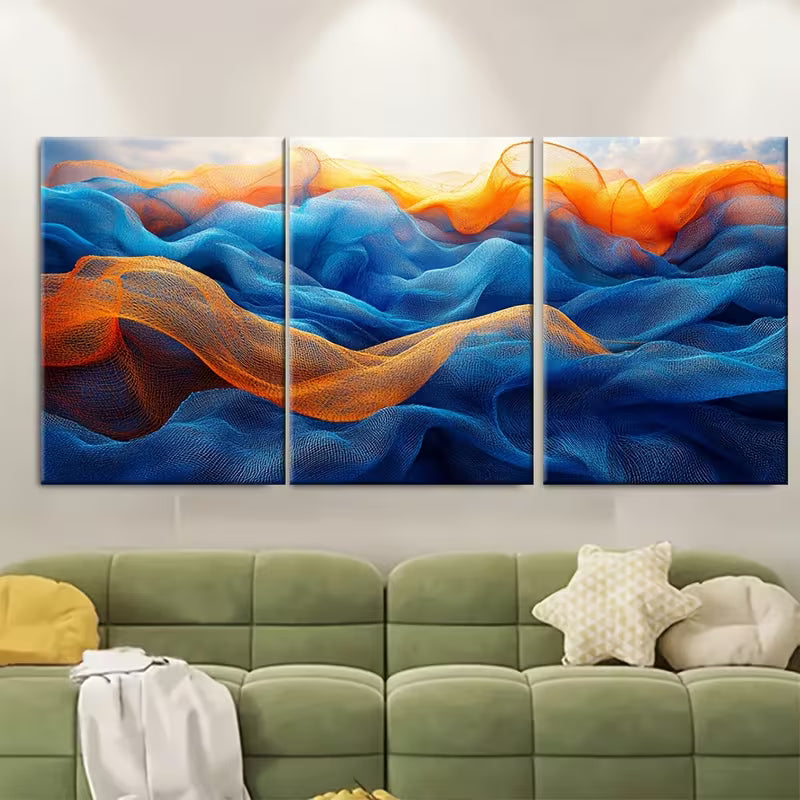 3pcs Vibrant Blue & Orange Fishing Nets Design Metal Print Ready to Hang Art
