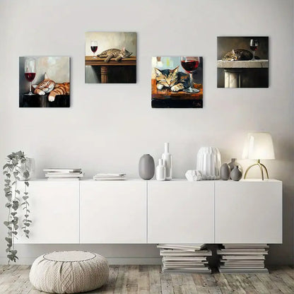 4pcs Sleeping Cats & Wine Glasses Wall Art Canvas Framed