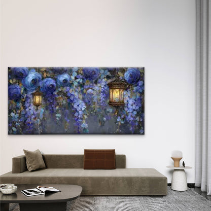 Wisteria & Blue Floral Lantern Wall Art Canvas Office Home Room Framed 120x60cm