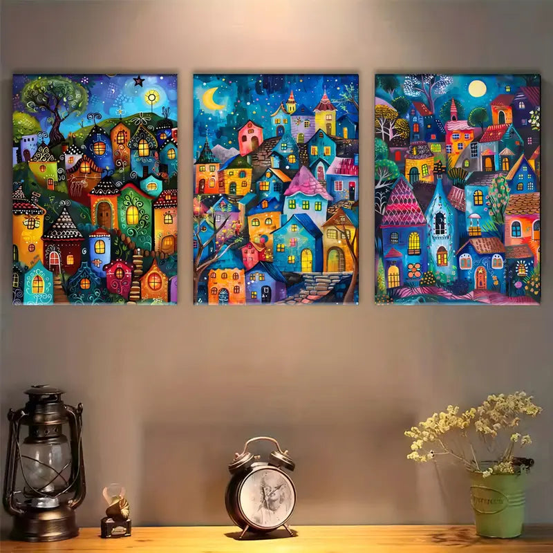 3pcs Magic Forest Village Triptych: Starry Night Metal Print Ready to Hang Art