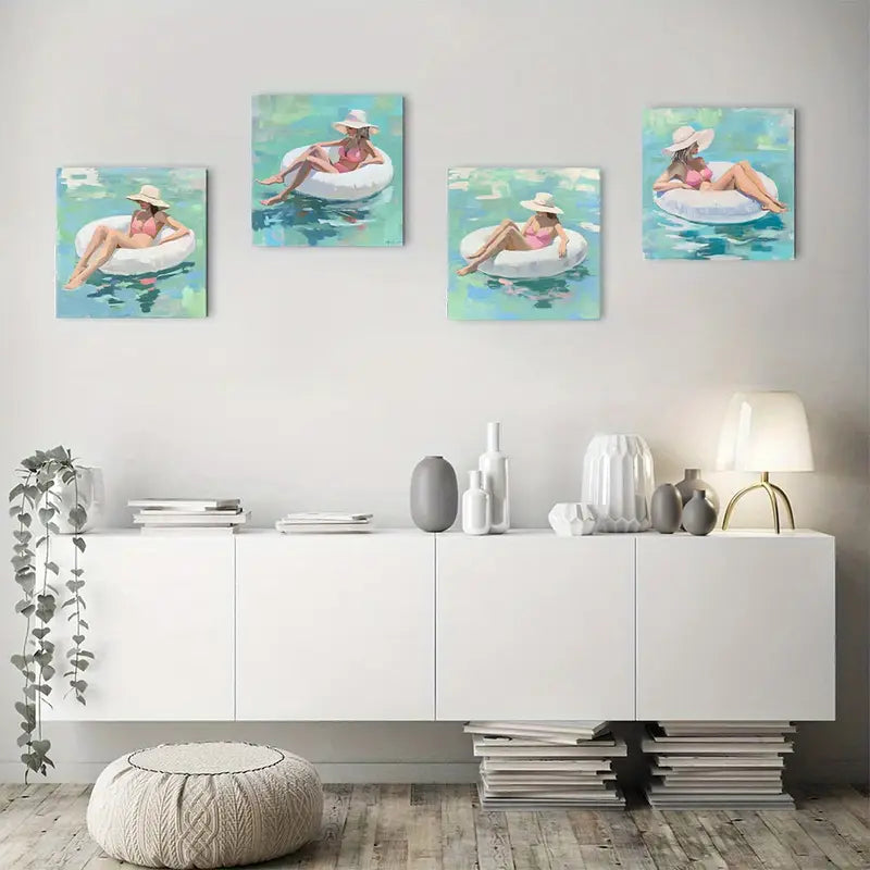 4pcs  A Woman Who Uses A Swimming Ring Wall Art Canvas Framed