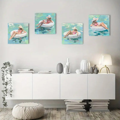 4pcs  A Woman Who Uses A Swimming Ring Wall Art Canvas Framed