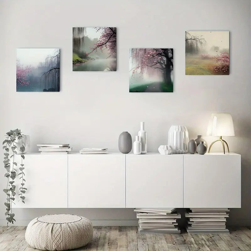 4pcs Birds And Cherry Blossom Nature Wilderness Wall Art Canvas Framed