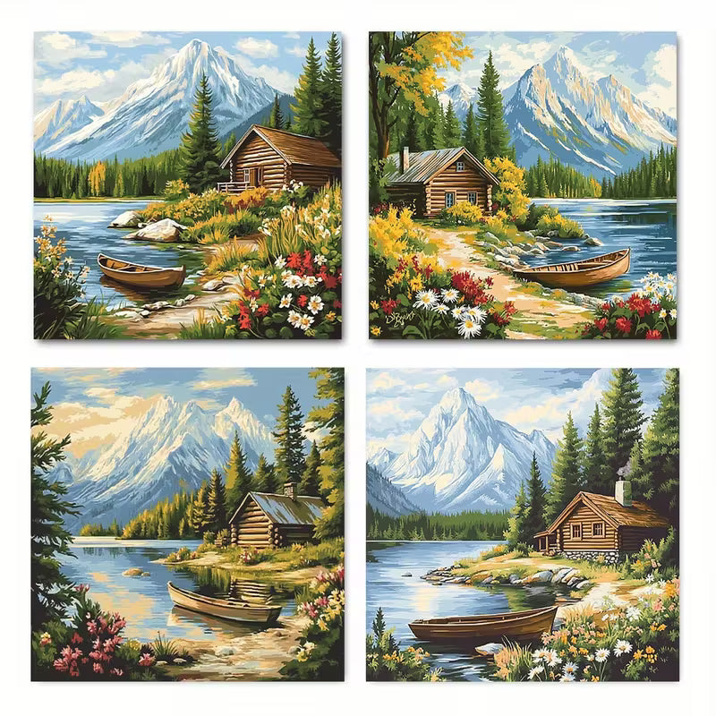 4pcs Featuring A Vintage Forest Cabin Wall Art Canvas Framed