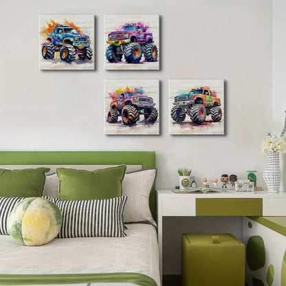 4pcs Vivid Monster Truck Wall Art Canvas Framed