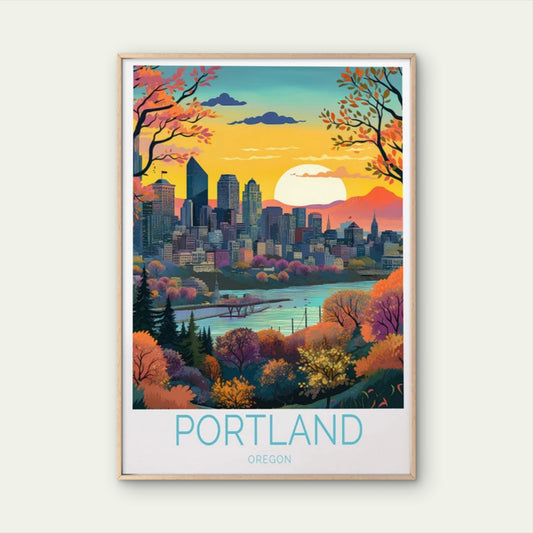 Portland Oregon, Building, Sunset & Lake Travel Poster Print Wall Art