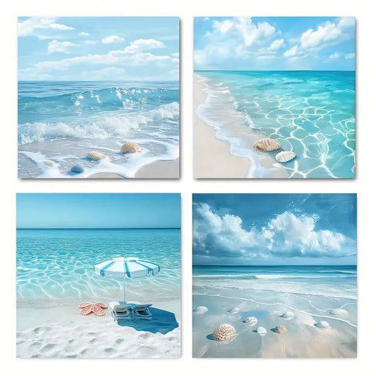 4pcs Blue Sea Shell Starfis Decorative Wall Art Canvas Framed