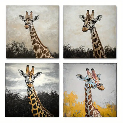 4pcs Elegant Black & White Giraffe Wildlife  Wall Art Canvas Framed
