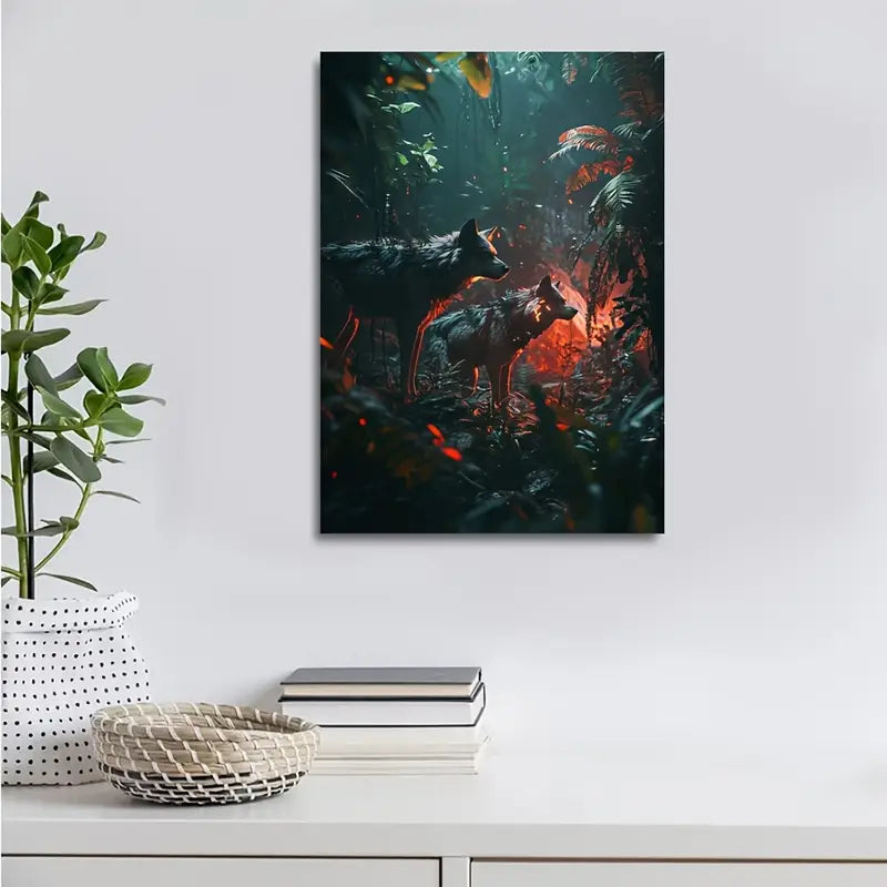 Cyberpunk Wolf Pack in Jungle Painting 40x60cm Metal Print Ready to Hang