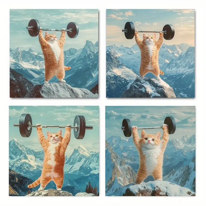4pcs Fun Cat Weightliftin Picture Wall Art Canvas Framed