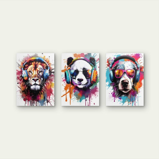 3pcs Graffiti Animals Wearing Headphones Wall Art Set Canvas Framed 50x70cm - High Quality Print 100% Australian Made Wall Canvas Ready to Hang