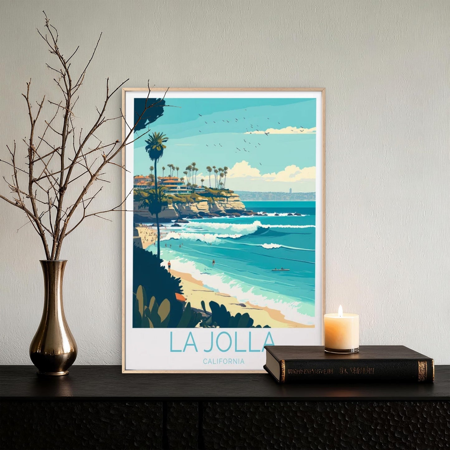 La Jolla California, Beach & Palm Trees Travel Poster Print Wall Art