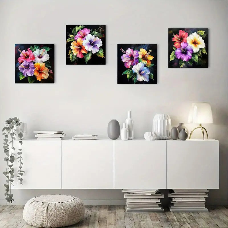 4pcs Colorful Hibiscus Flower Wall Art Canvas Framed