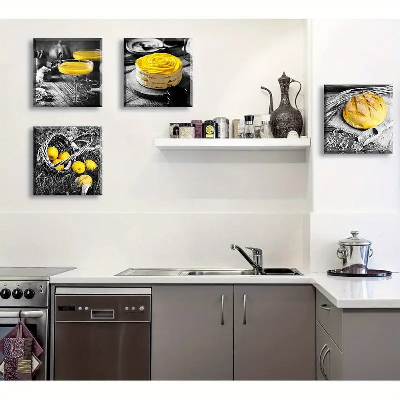 4pcs  Black and White Yellow  Wall Art Canvas Framed