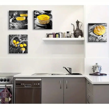 4pcs  Black and White Yellow  Wall Art Canvas Framed