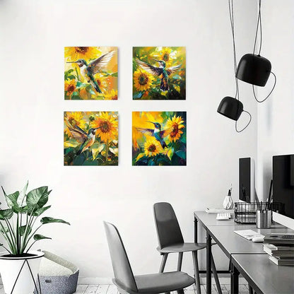 4pcs  Hummingbird and Sunflower  HS  Wall Art Canvas Framed