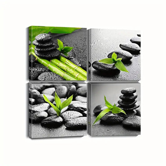 4pcs Serene Black & White Stone Design With Gree Wall Art Canvas Framed