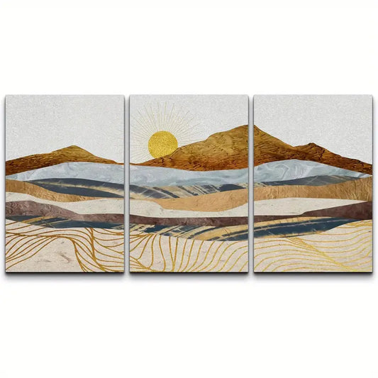 3pcs Golden Wave Geometric Mountain Range Metal Print Ready to Hang Art