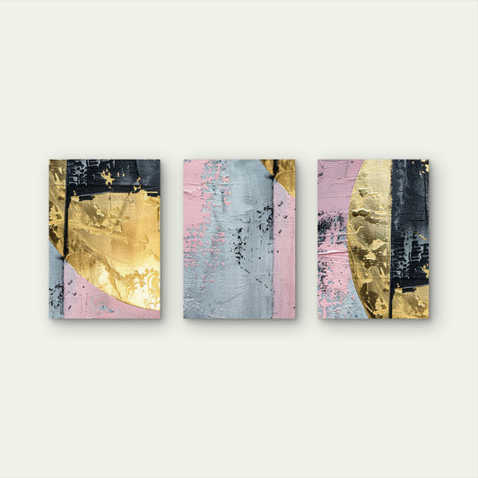 3pcs Abstract Metallic Gold Pink Brush Stroke Wall Art Set Canvas Framed 50x70cm - High Quality Print 100% Australian Made Wall Canvas Ready to Hang