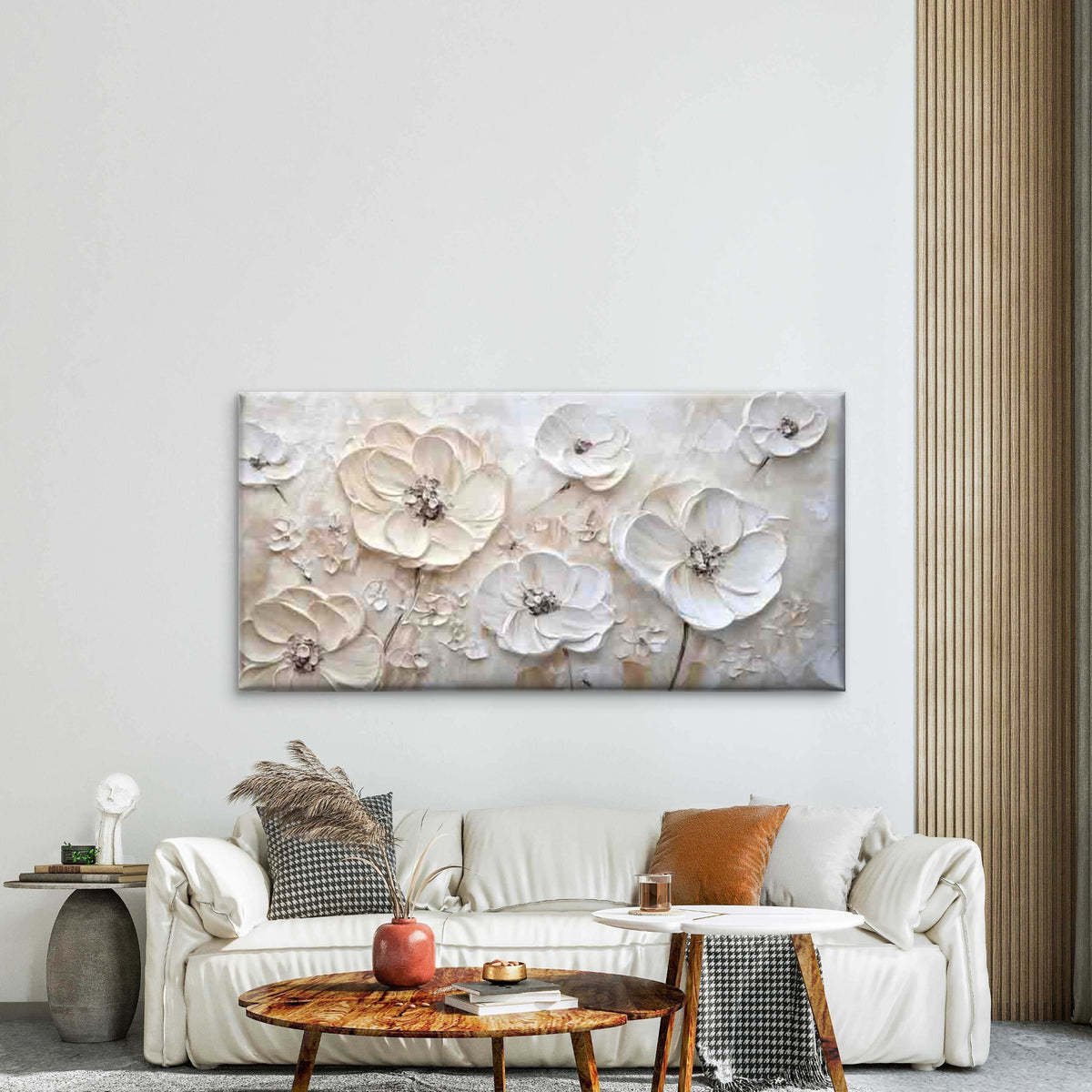 Beige White Floral Wall Art Canvas Office Home Room Framed 120x60cm