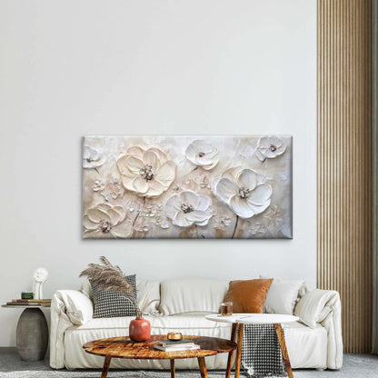 Beige White Floral Wall Art Canvas Office Home Room Framed 120x60cm