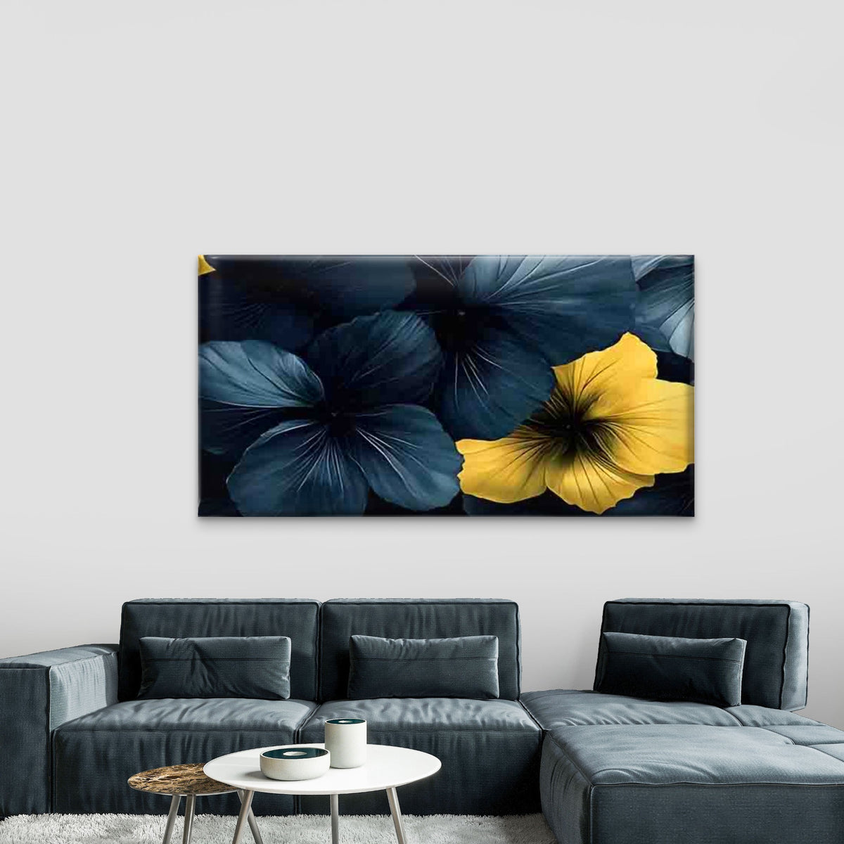Blue and Yellow Floral Wall Art Canvas Office Home Room Framed 120x60cm