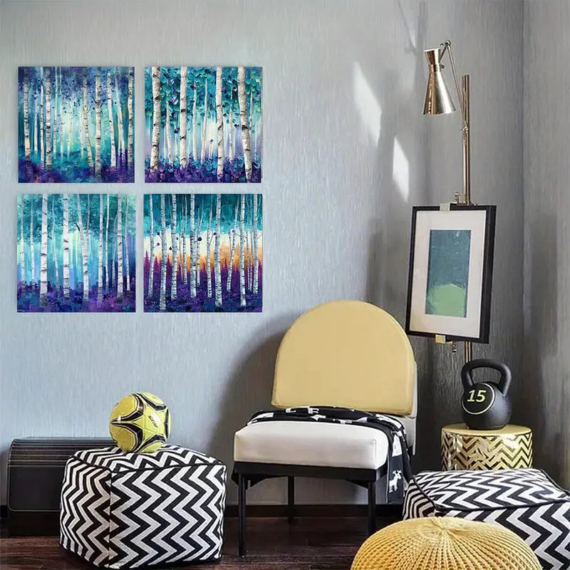 4pcs  Turquoise Birch Forest   Abstract  FG  Wall Art Canvas Framed