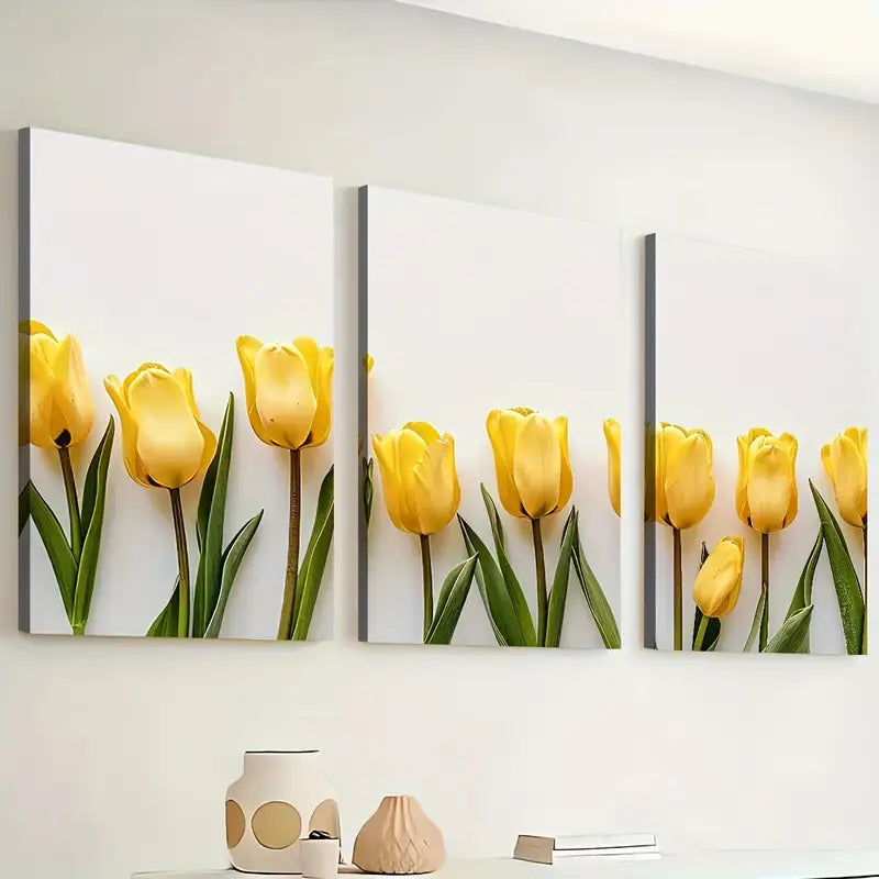 3pcs Minimalist Modern Floral Art Yellow Flowers Wall Art Set Canvas Framed 40x60cm - High Quality Print 100% Australian Made Wall Canvas Ready to Hang