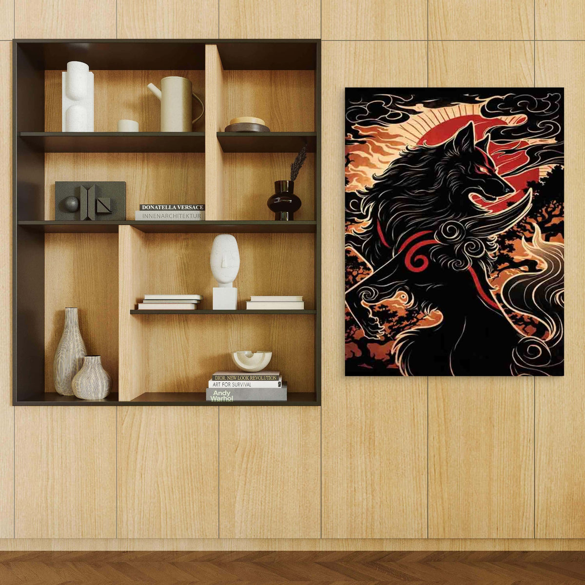 Mythical Vibrant Red & Wolf Design 60x90cm Metal Print Ready to Hang