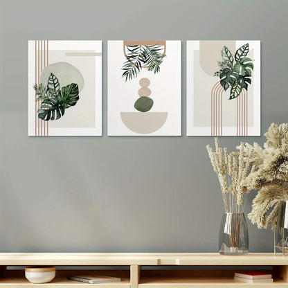 3pcs Abstract Geometric Lines & Watercolor Leaves Metal Print Ready to Hang Art