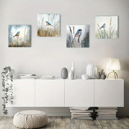 4pcs Bluebird Perched On Grass Wall Art Canvas Framed